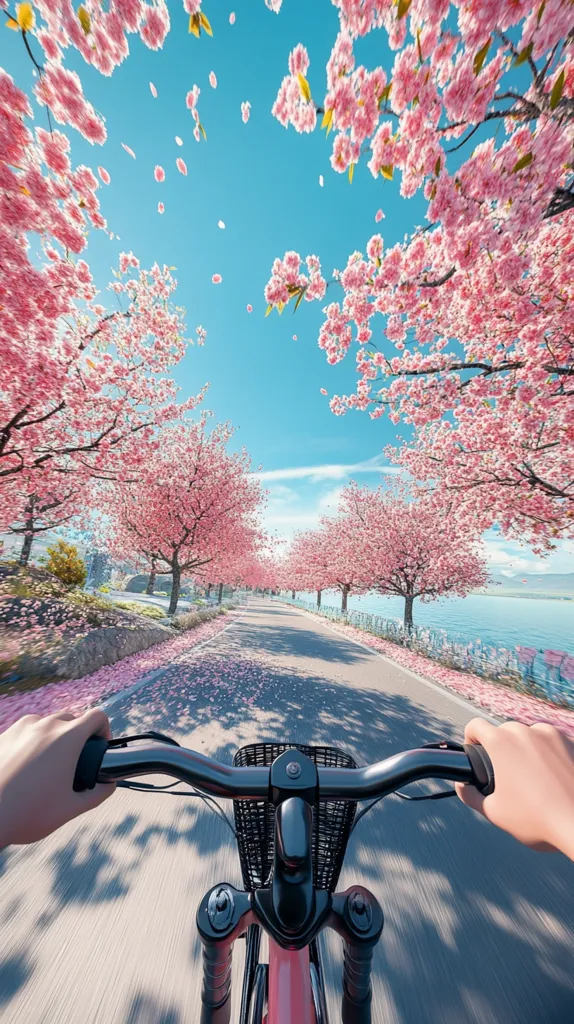A person cycles down a road lined with blossoming cherry trees.  Pink petals fall gently onto the road and the clear blue sky. The scene is idyllic and peaceful, showcasing the beauty of spring. The first-person perspective enhances the feeling of serenity and immersion in the beautiful natural setting.