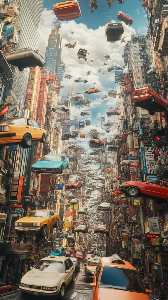 A surreal cityscape is depicted, with numerous cars floating in the air amidst towering buildings.  The scene is vibrant and chaotic, with cars of various colors and styles seemingly defying gravity.  The buildings are densely packed, showcasing a mix of architectural styles. The overall effect is a fantastical and slightly unsettling juxtaposition of urban reality and impossible physics.  A cloudy sky provides a backdrop to this unusual, gravity-defying city.