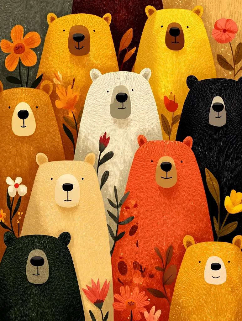 A cheerful illustration features a group of bears of varying colors and sizes, nestled amongst colorful flowers and foliage.  The bears, including brown, yellow, orange, white and black, are depicted in a stylized, textured manner.  The overall aesthetic is warm and inviting, with a whimsical touch.  The scene is densely packed with bears, creating a joyful, crowded composition.