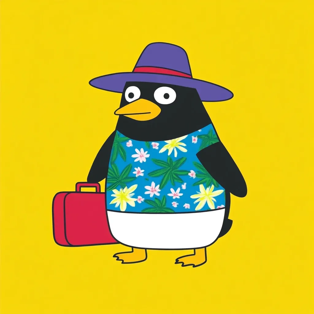 A cartoon penguin, dressed in a vibrant floral shirt, white shorts, and a purple hat, stands against a bright yellow background.  The penguin carries a small red suitcase, suggesting travel or vacation.  The style is simple and playful, with bold outlines and flat colors.