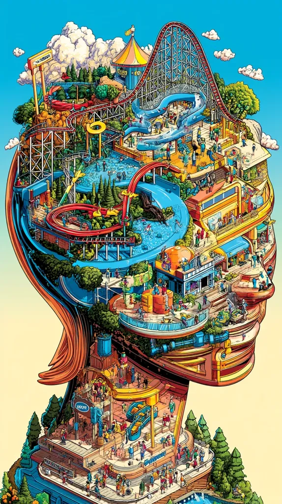 A vibrant illustration depicts a human head meticulously crafted as an amusement park. Rollercoasters, water slides, and various rides intertwine within the head's structure, showcasing bustling crowds enjoying the attractions.  The detailed artwork blends architectural elements with human anatomy, creating a whimsical and surreal depiction of a theme park existing within the confines of a person's mind. Lush greenery and a clear blue sky provide a contrasting backdrop.