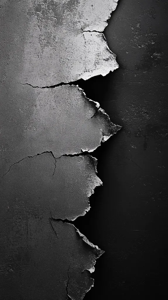 A grayscale image depicts a severely cracked and peeling wall. The cracks are jagged and irregular, creating a fractured surface.  The left side shows layers of peeling paint or plaster, revealing a darker underlayer.  The right side is a darker, smoother surface, creating a stark contrast. The overall texture is rough and distressed, suggesting age and decay.