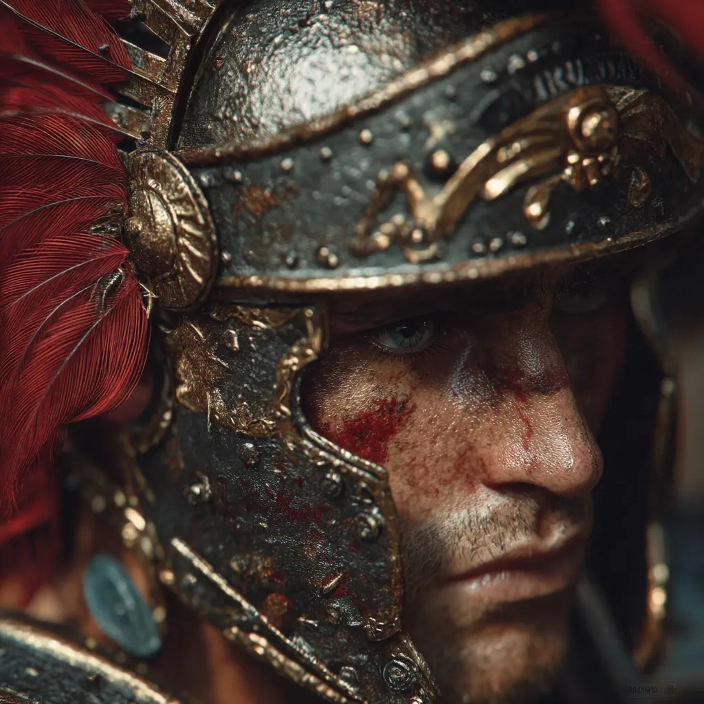 Close-up of a Roman soldier's weathered face, partially obscured by a richly detailed, battle-worn helmet adorned with a crimson feather plume.  Blood streaks his cheeks, hinting at recent combat.  The helmet's metallic surface shows signs of wear and tear, reflecting the intensity of his experience.  His gaze is serious and intense, conveying the weight of his battles.