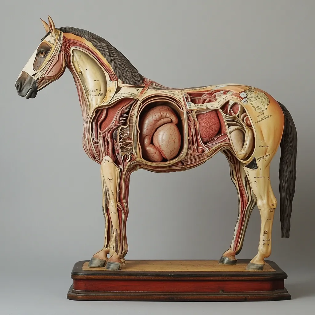 A detailed anatomical model of a horse is displayed.  The model is dissected to reveal its internal organs, circulatory system, and musculature, all meticulously labeled with anatomical terms.  The horse is depicted in a standing position on a dark wooden base.  The model's craftsmanship is intricate, showcasing the complexity of equine anatomy.  It appears to be an educational or scientific tool.