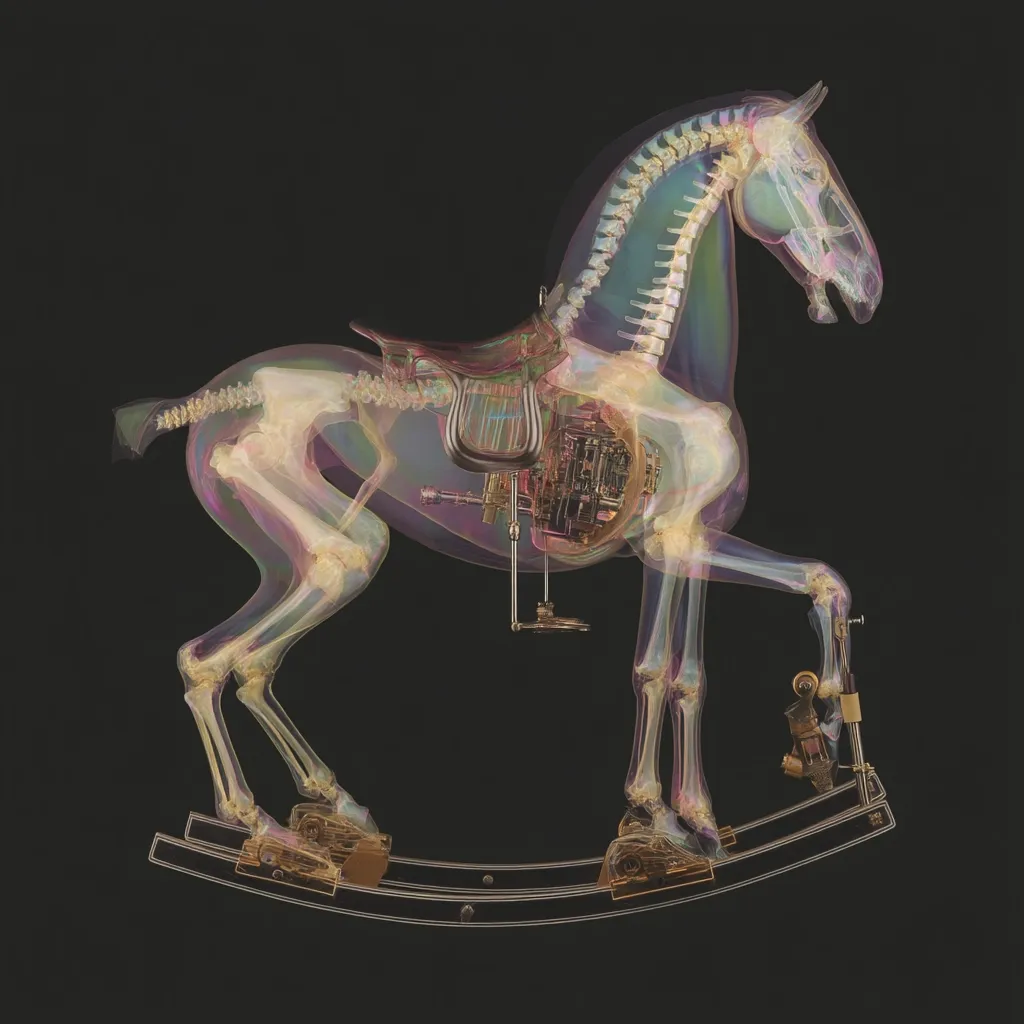 A rocking horse is shown in a translucent X-ray-like image revealing its internal mechanisms.  The skeletal structure of the horse is visible, along with the intricate clockwork and gears powering its rocking motion.  The saddle and other details are also seen with a ghostly, ethereal quality against a dark background. The image showcases both the toy's aesthetic design and its hidden engineering.