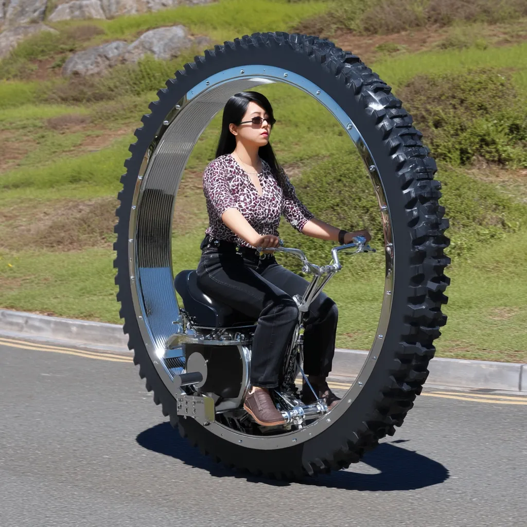 A woman rides a unique, single-wheeled motorcycle down a road.  The enormous wheel is encased in a thick tire, and the chrome frame is sleek and minimalist. She wears dark jeans, a patterned blouse, and sunglasses, appearing confident and stylish as she navigates the unusual vehicle. The background is a blurred landscape of green grass and rocks.