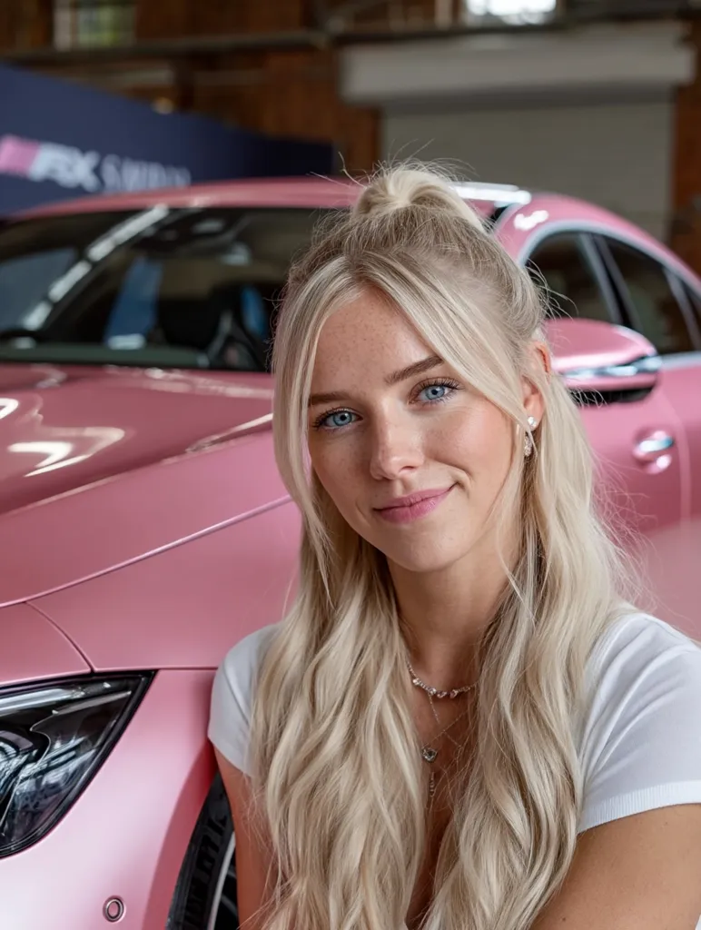 A young blonde woman with long wavy hair styled in a half-updo smiles gently. She's wearing a simple white t-shirt and delicate necklaces.  She's positioned in front of a vibrant pink luxury car, partially visible in the background. The setting appears to be a garage or automotive showroom.