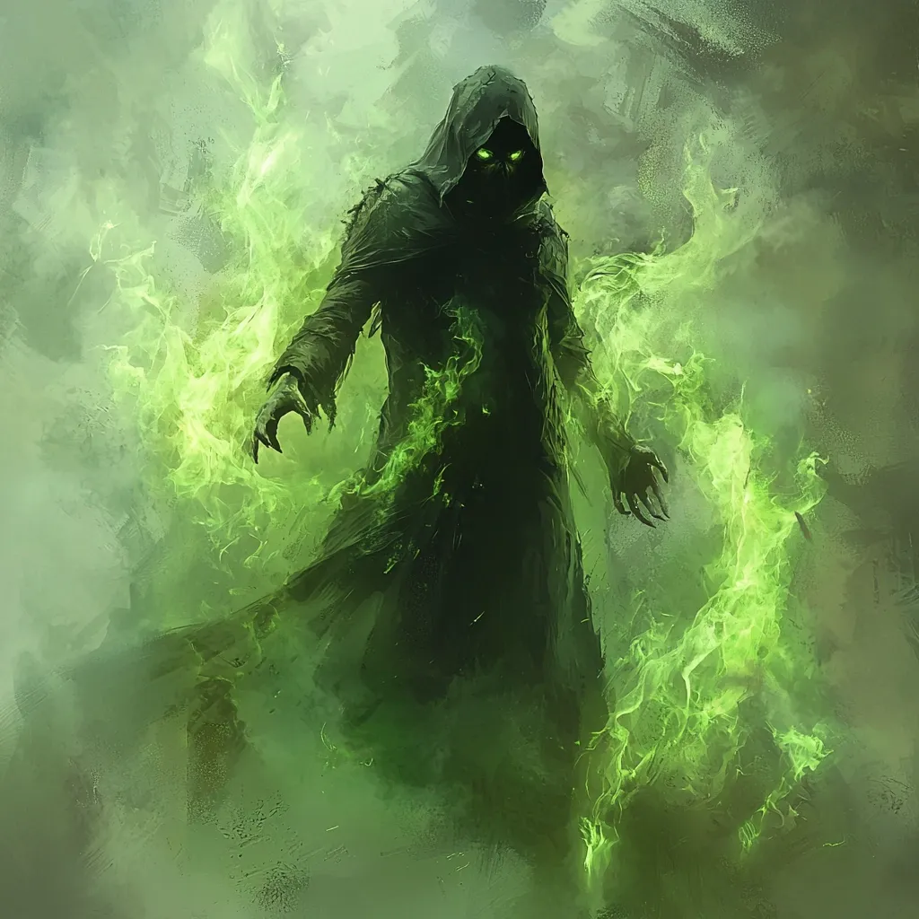 A hooded figure, cloaked in darkness, emanates an eerie green energy.  Its glowing eyes pierce the swirling green flames that engulf its form, creating a spectral and menacing presence. The artwork suggests a powerful, otherworldly being, possibly a sorcerer or malevolent spirit, wielding dark magic.  The overall mood is one of mystery and foreboding.