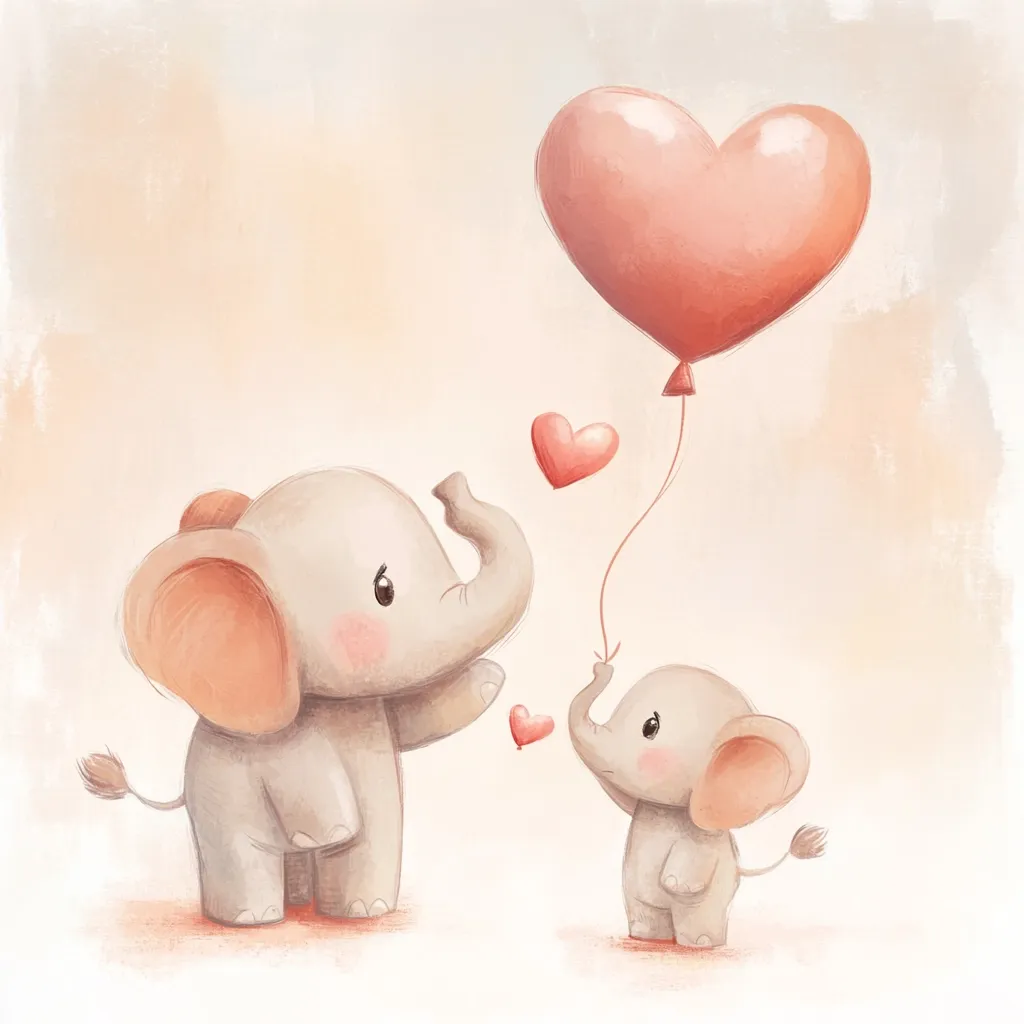 A charming illustration depicts a larger elephant presenting a heart-shaped balloon to a smaller elephant.  Surrounding them are smaller hearts, creating a sweet and loving atmosphere. The elephants are drawn in a soft, pastel style, conveying a gentle and heartwarming scene.  The overall feeling is one of affection and familial tenderness.