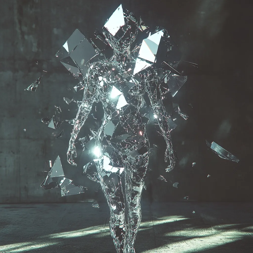 A digital rendering depicts a humanoid figure seemingly composed of shattered, reflective glass fragments.  The shards are numerous and angular, creating a sense of disintegration or deconstruction.  The figure maintains a human-like form, though fragmented, walking forward against a dark, industrial background. The overall impression is one of fragility and ethereal beauty amidst decay.
