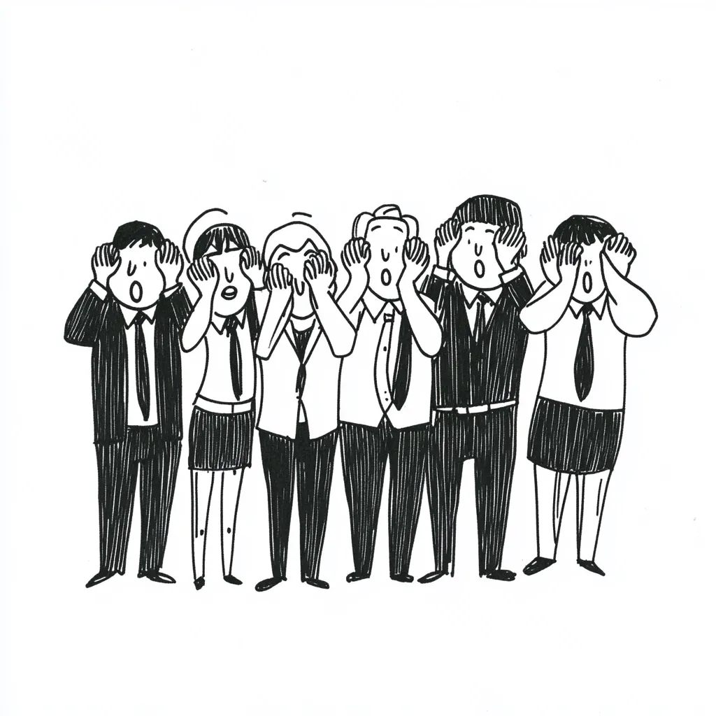 A black and white illustration depicts six individuals, dressed in business attire, standing in a row.  Each person has their hands over their eyes, mouths open in a surprised or shocked expression. Their clothing styles suggest a professional setting. The drawing style is simple, with hatched lines providing texture. The overall impression is one of collective disbelief or shock.