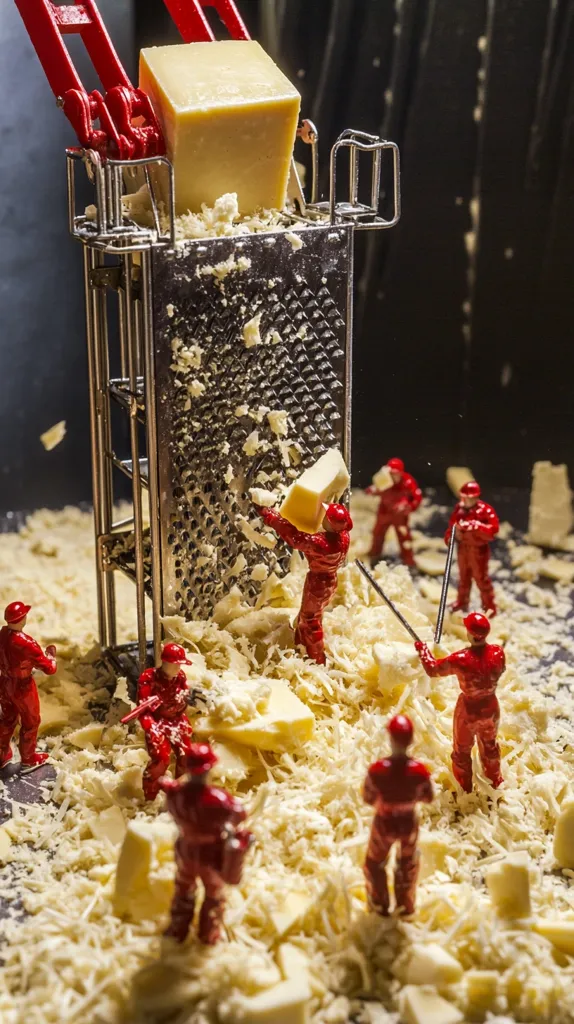 A large block of cheese is being grated by a giant machine, with miniature figures of workers diligently collecting the grated cheese.  The scene is set against a dark background, emphasizing the bright white of the grated cheese and the red uniforms of the tiny workers.  The image is a playful juxtaposition of scale and labor.