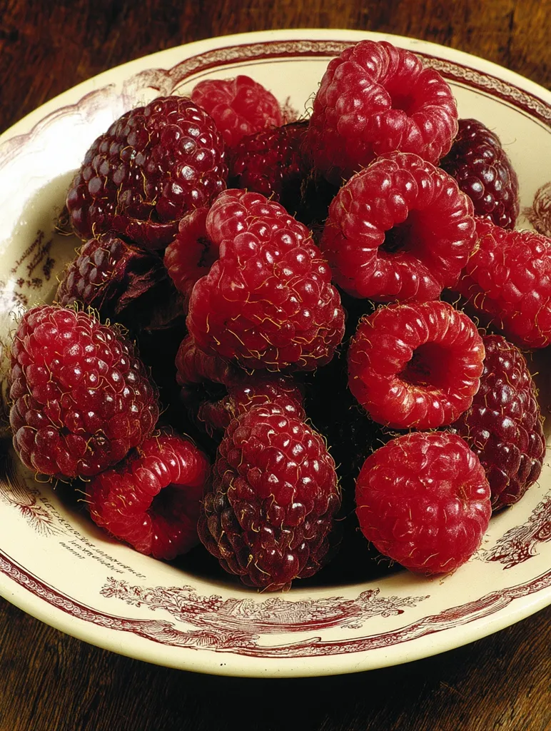 A shallow, cream-colored bowl with a rustic, red-brown decorative border holds a generous pile of ripe raspberries.  The raspberries are plump and a deep crimson red, varying slightly in shade.  Some are partially obscured, creating a visually appealing cluster. The bowl rests on a dark wooden surface.