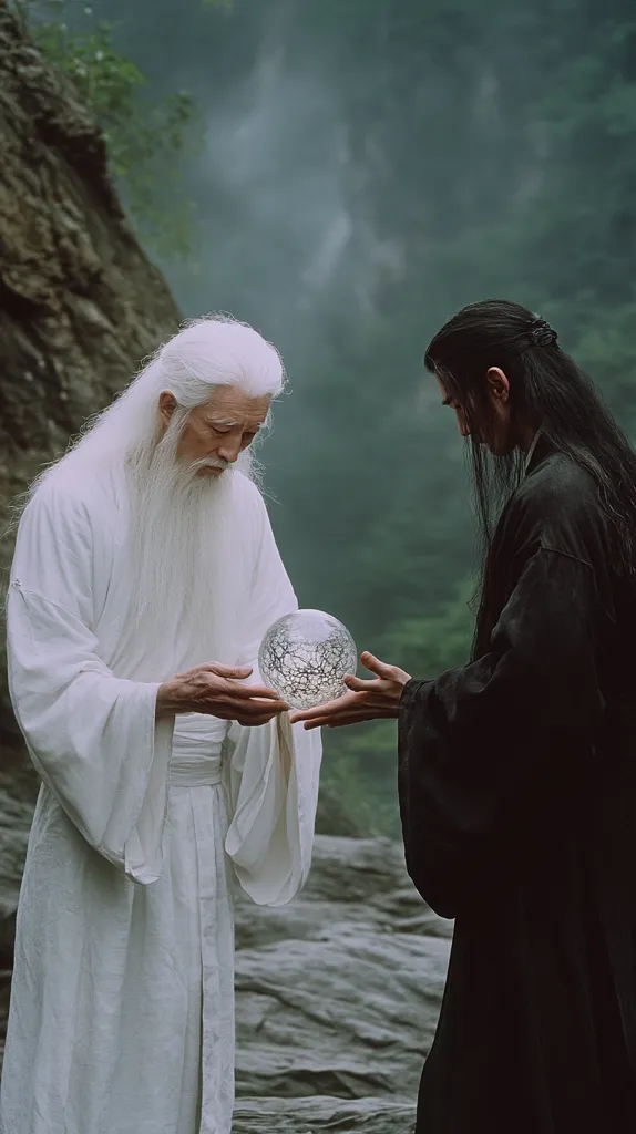 Two figures, one in flowing white robes and the other in dark clothing, stand amidst a misty, rocky landscape.  The older, white-haired man holds a translucent orb, seemingly passing it to the younger, black-clad man. Their expressions are serious, suggesting a moment of significant transfer or revelation. The overall atmosphere is serene yet charged with mystical energy.