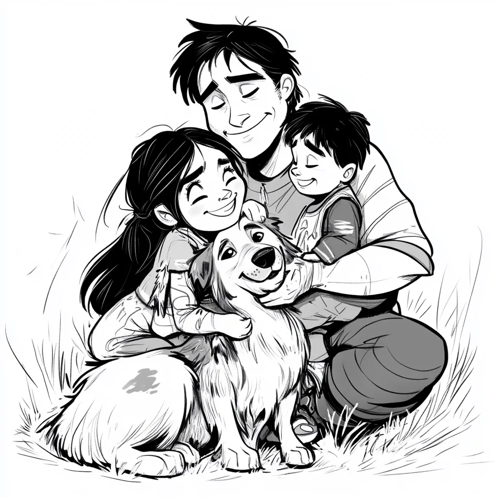 A heartwarming black and white illustration depicts a loving family embracing their furry friend. A father sits with his arms wrapped around his daughter and son, both smiling radiantly.  Their dog, a fluffy golden retriever, sits contentedly between them, receiving affection. The scene is set outdoors in grassy surroundings, creating a feeling of warmth and family unity.  The style is cartoonish yet expressive, capturing genuine emotion.