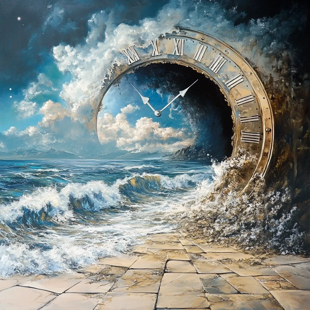 A surreal painting depicts a colossal clock face partially submerged in a turbulent ocean.  The clock's interior reveals a serene seascape under a cloudy sky.  Waves crash against a stone pathway leading towards the clock, suggesting the relentless passage of time and its impact on the landscape. The artwork evokes a sense of mystery and the cyclical nature of time.
