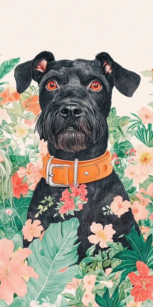 A black dog, possibly a Schnauzer mix, with striking orange eyes, is the focal point of this illustration.  It wears an orange collar and is nestled amidst a vibrant array of tropical flowers and lush green foliage. The style is reminiscent of botanical art, with detailed rendering of both the dog's fur and the surrounding flora. The overall palette is warm and inviting, creating a cheerful and visually appealing image.