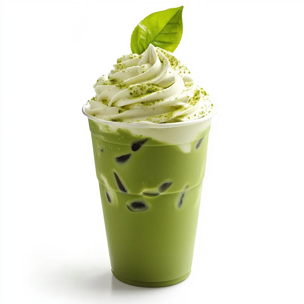 A refreshing iced matcha latte, topped with a generous swirl of whipped cream and a sprinkle of matcha powder. A single green leaf adds a touch of elegance. The vibrant green beverage is served in a clear plastic cup, showcasing the ice cubes within.  The drink appears creamy and subtly sweet, perfect for a summer treat.