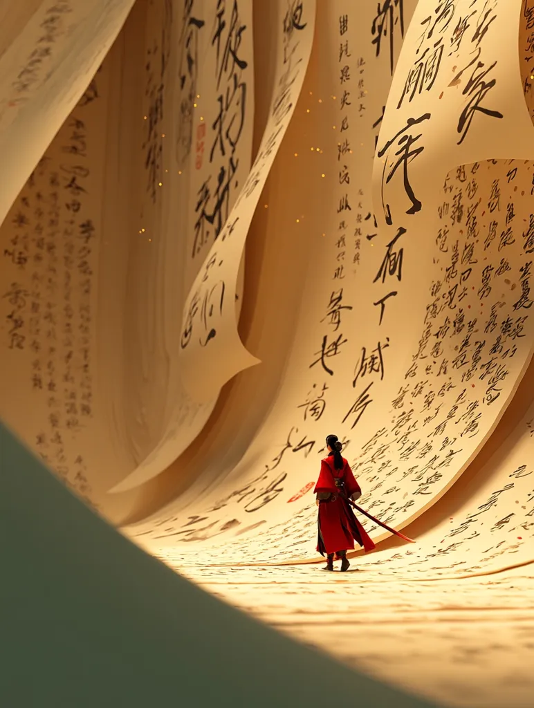 A lone figure in red robes and a sword walks along a path formed by immense scrolls covered in ancient-looking Chinese calligraphy. The scrolls curve upwards, creating a vast, awe-inspiring tunnel of text.  Golden particles drift in the air, adding to the mystical atmosphere of this seemingly endless library.  The scene evokes a sense of history, mystery, and journey.