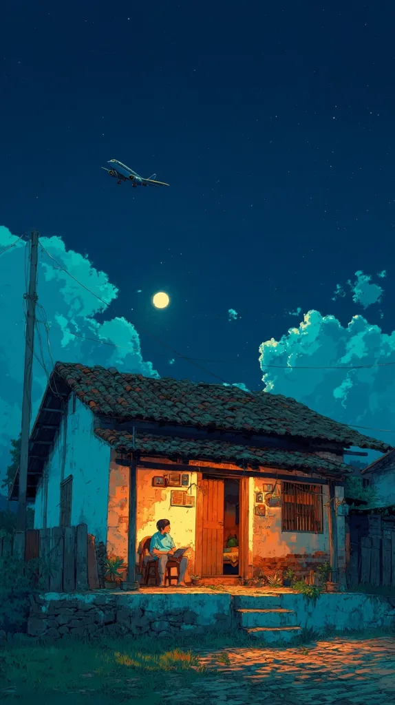 A small, warmly lit house sits under a night sky.  A person sits on the porch, reading a book.  A plane flies high above, a distant speck against the moon and clouds. The scene is peaceful and serene, painted in vibrant, stylized colors evocative of a nostalgic memory or dream.  The house has a rustic charm, with a terracotta roof and simple architecture.