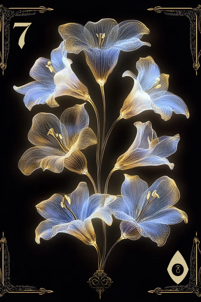 An elegant illustration features a bouquet of stylized lilies against a black background. The flowers are rendered in translucent blue and gold, giving them a luminous, almost ethereal quality.  Ornate gold detailing frames the image, enhancing its luxurious feel.  A prominent "7" and a stylized eye symbol add an air of mystery and possibly allude to numerological or symbolic meaning. The overall style is sophisticated and artistic.
