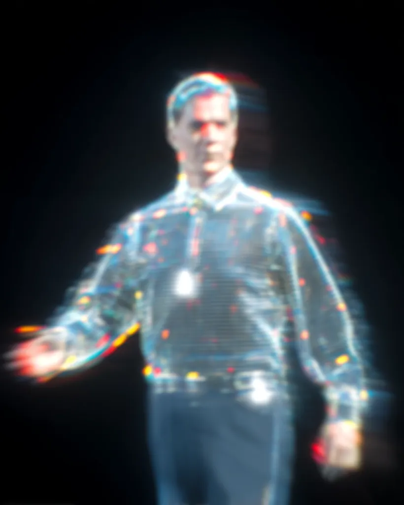 The image shows a blurred figure of a man, possibly a hologram or digital projection. He appears to be wearing a light-colored, speckled shirt and dark pants. The blurry effect creates a sense of movement and ethereal quality, with multicolored speckles scattered across his clothing. The background is dark and indistinct, focusing attention on the hazy, almost ghostly figure.