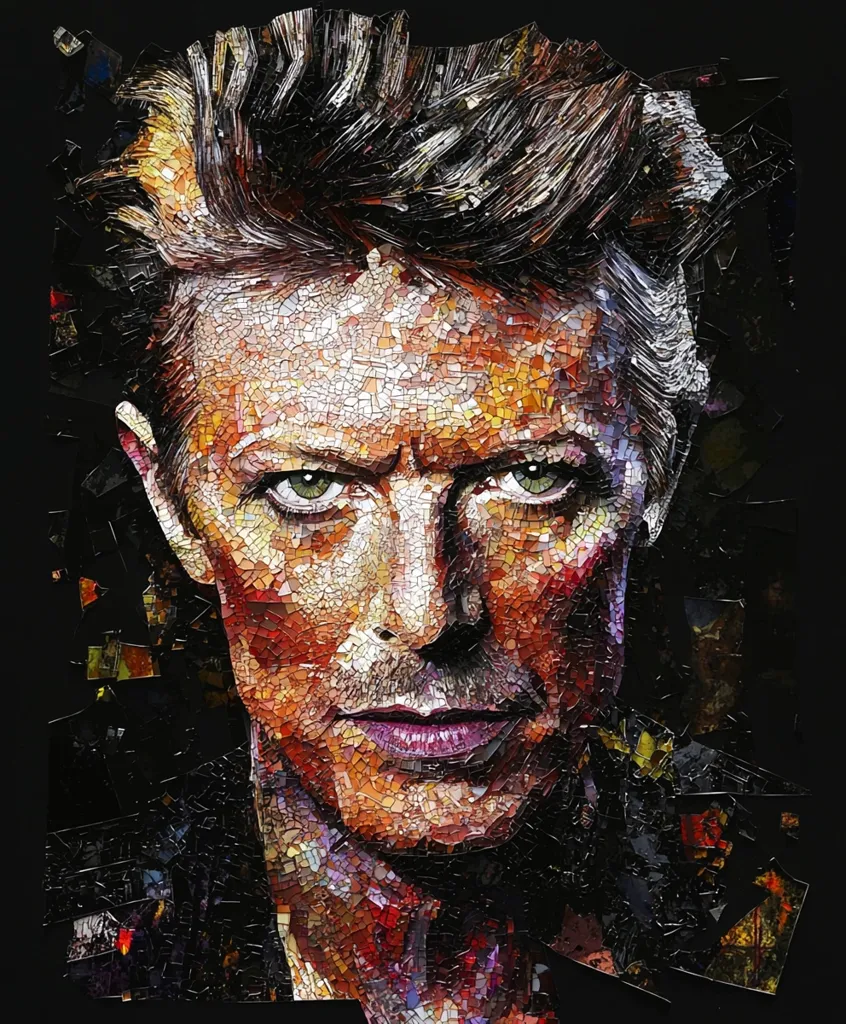 A stunning mosaic portrait of David Bowie.  The artwork uses a multitude of small, colored pieces to create a remarkably lifelike image of the iconic musician.  His intense gaze and signature hairstyle are captured with impressive detail, highlighting the artist's skill in manipulating texture and light within the mosaic medium. The dark background accentuates the vibrancy of the portrait.