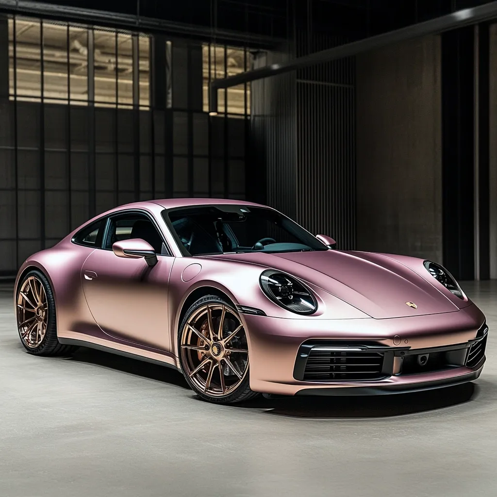 A rose gold Porsche 911 Carrera is showcased in a modern industrial setting.  The matte finish of the paint accentuates the car's sleek lines and curves.  Bronze-colored alloy wheels complement the unique color, enhancing the vehicle's luxurious appearance. The image's dark background emphasizes the car's sophisticated design.
