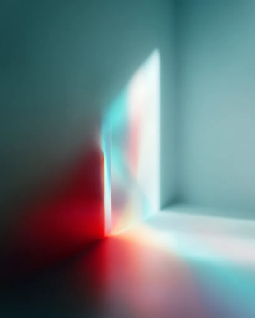 The image is an abstract representation of a corner in a room.  A bright, blurry light source emanates from an unseen opening, casting a vibrant, multicolored glow across the floor and walls. The colors blend from cool blues and teals to warmer reds and oranges, creating a surreal and ethereal atmosphere.  The overall effect is one of soft, diffused light and hazy, indistinct shapes.