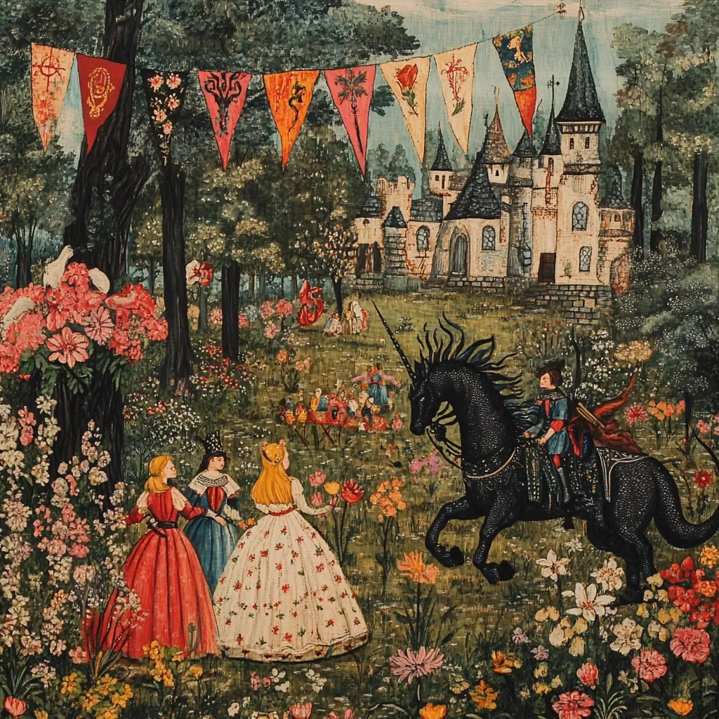 A whimsical scene unfolds in a vibrant garden, featuring a majestic black unicorn ridden by a regal figure.  Three elegantly dressed ladies stand amidst blooming flowers, observing the procession.  A fairytale castle sits in the background, adorned with festive flags, as children frolic nearby. The artwork evokes a sense of enchantment and joyous celebration.