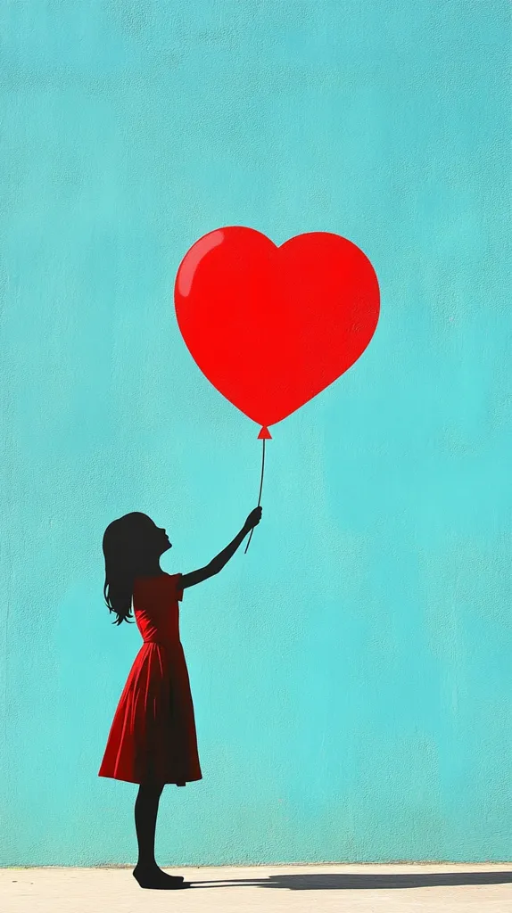 A minimalist illustration depicts a young girl in a red dress, silhouetted against a teal wall.  She holds the string of a large, heart-shaped red balloon. The scene is simple yet evocative, suggesting themes of childhood, hope, and love.  The contrast between the girl's dark silhouette and the vibrant colors creates a striking visual effect.