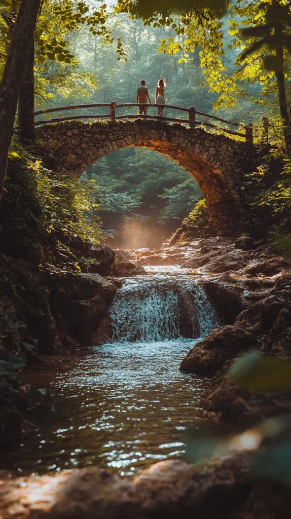 A stone arch bridge, nestled in a lush green forest, spans a tranquil stream cascading into a small waterfall.  A couple stands on the bridge, their backs to the camera, gazing at the idyllic scene. Sunlight filters through the trees, illuminating the water and creating a magical atmosphere. The scene is peaceful and serene, capturing a moment of quiet beauty in nature.