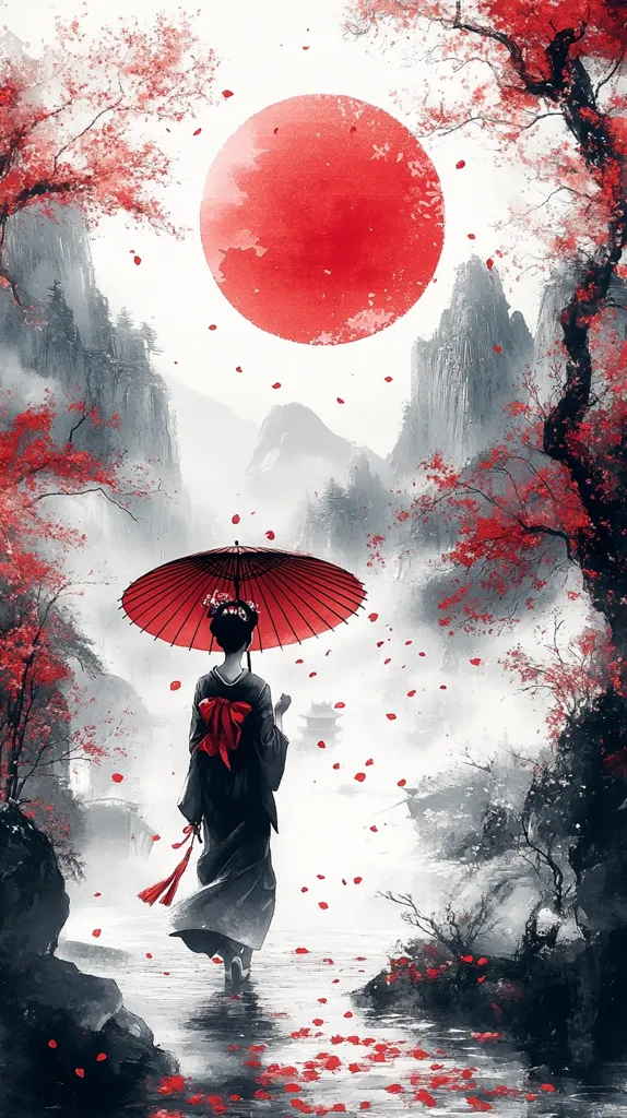 A woman in a traditional Japanese kimono, carrying a red umbrella, walks along a tranquil stream.  Falling cherry blossoms create a path in front of her.  A large, red sun dominates the sky, casting a warm glow over the misty, monochrome landscape of mountains and trees. The scene evokes a sense of serenity and contemplation, characteristic of Japanese art.