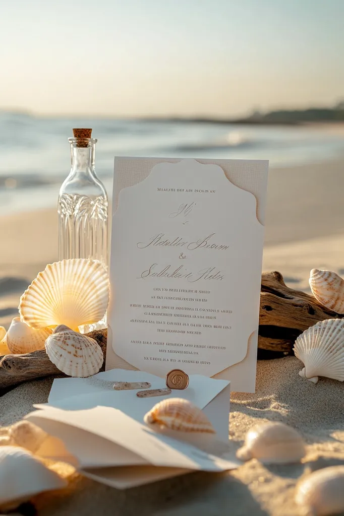 A beach wedding invitation suite rests on the sand, adorned with seashells.  The elegant, off-white invitation features calligraphy script announcing the union of Natalie Brown and Solomon Hollis.  A small, clear bottle with a cork stopper sits nearby, adding a touch of rustic charm. The warm, golden light of the setting sun casts a soft glow on the scene.  A wax seal completes the sophisticated stationery.
