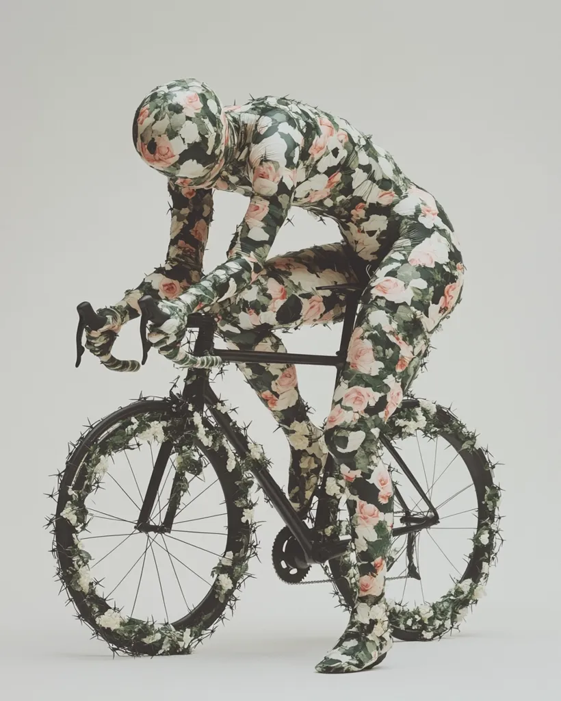 A figure in a floral-patterned bodysuit is shown in a crouched position on a bicycle.  The bicycle's wheels are adorned with thorny vines and blossoms, contrasting with the rider's attire. The overall aesthetic is surreal and artistic, blending nature and athleticism in an unexpected way. The background is a plain, light gray, drawing focus to the striking image.