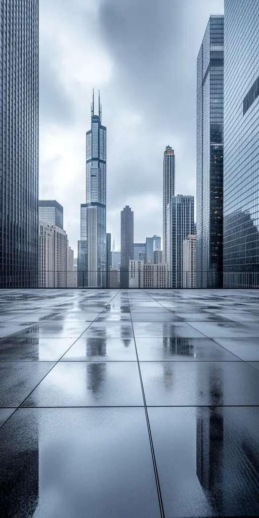 A wet, reflective city plaza showcases a stunning cityscape.  Tall, modern skyscrapers dominate the skyline under a cloudy sky.  The reflection of the buildings in the glistening surface creates a captivating symmetry.  The overall mood is serene and urban, highlighting the architectural grandeur of the city.