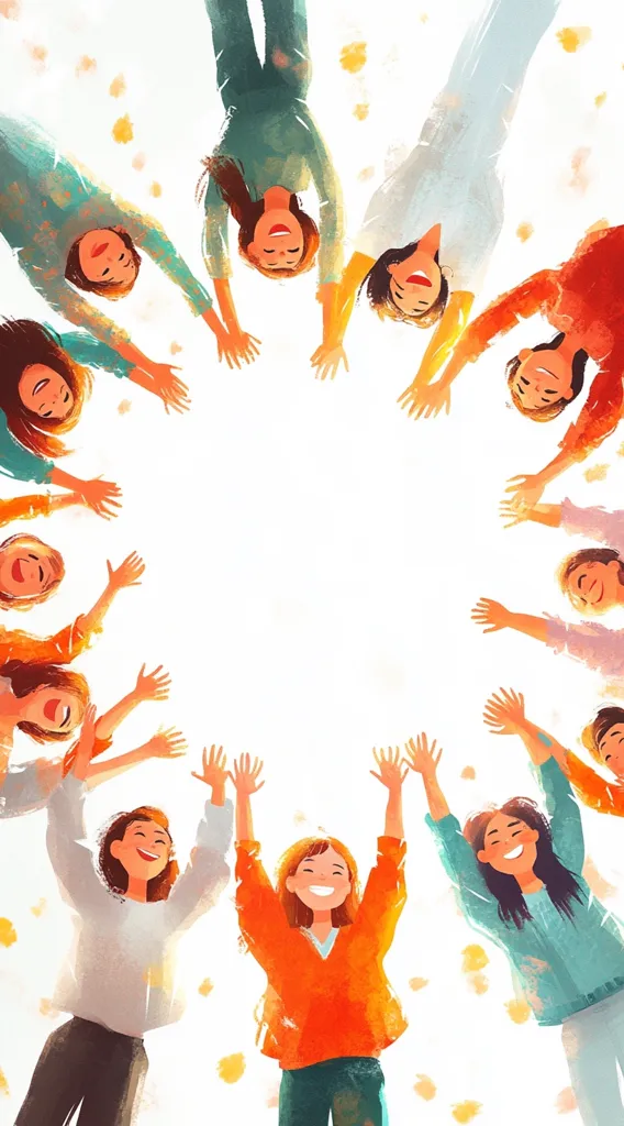 A vibrant illustration depicts a joyous circle of women, their arms raised in a celebratory gesture.  Their colorful clothing and bright smiles radiate happiness and unity.  The central space within the circle is left white, creating a sense of openness and positive energy. The overall style is playful and optimistic, suggesting connection and female empowerment.  Falling petals add a touch of whimsy to the scene.