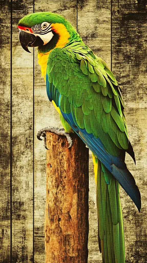 A vibrant green and yellow macaw perches on a weathered wooden post.  Its plumage is detailed, showcasing bright greens, blues, and yellow feathers. The bird's strong claws grip the post against a rustic, textured background of aged wooden planks. The image evokes a sense of the tropics and wild nature.