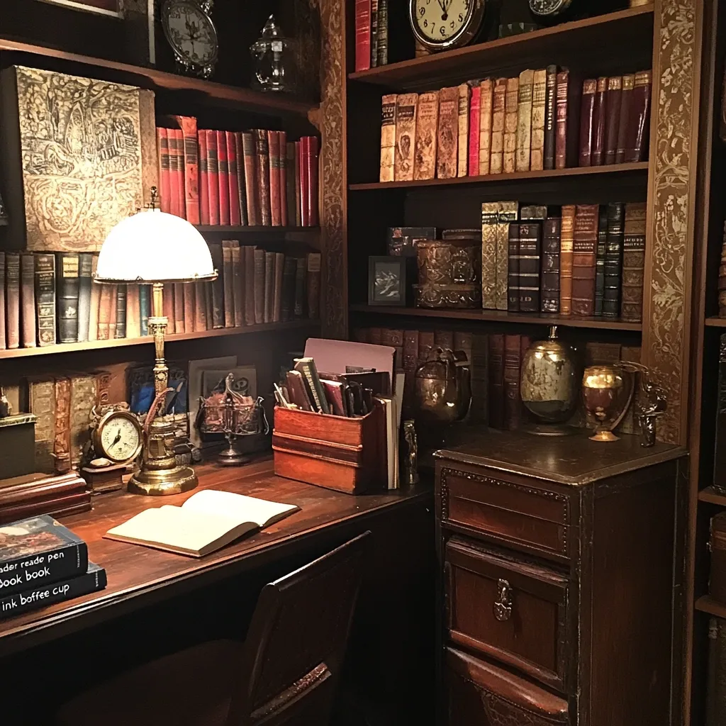 A richly appointed study features dark wood bookshelves overflowing with antique books and decorative objects. A desk sits beneath a shelf, illuminated by a brass lamp, with an open notebook and writing implements ready.  The room exudes a sense of old-world charm and scholarly pursuit, with a small, dark wooden filing cabinet tucked in the corner.  The overall atmosphere is one of quiet contemplation and intellectual richness.