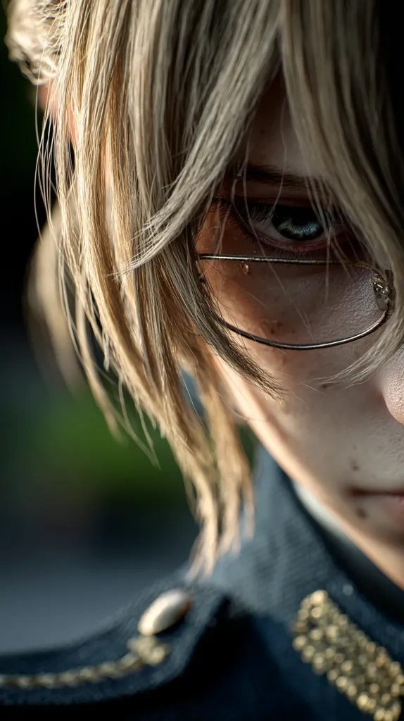 A close-up shot reveals a person's eye, partially obscured by blonde hair and glasses.  The individual's expression is serious, and the focus is on their eye and the texture of their hair. They appear to be wearing a dark, possibly military-style jacket with gold detailing on the collar. The overall mood is intense and mysterious.