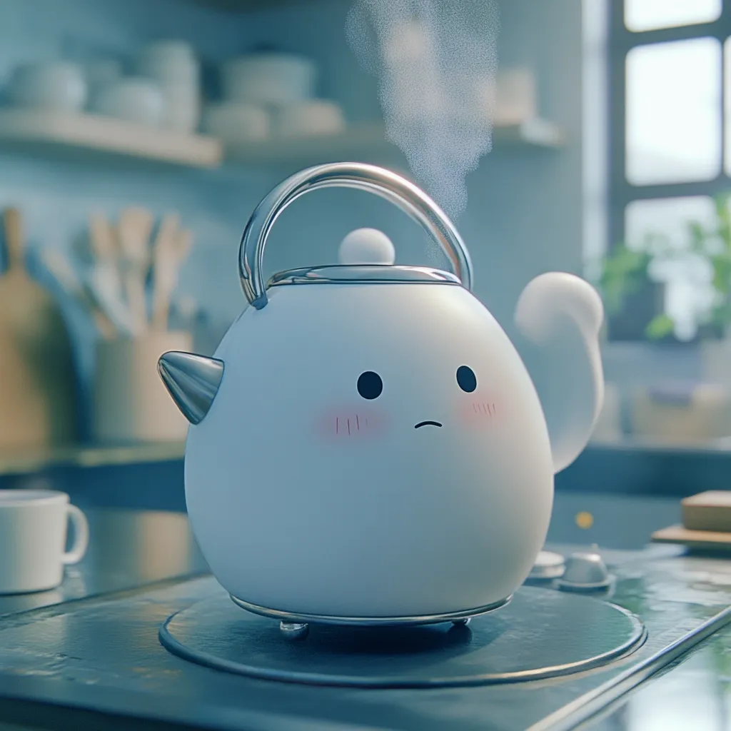 A cute, cartoonish kettle with a slightly sad face sits on a stovetop, emitting steam.  Its pale blue body is rounded, with simple facial features and rosy cheeks. The metallic handle and spout add a touch of elegance. The background is a softly blurred kitchen scene with muted blues and greens.  The overall mood is calm and slightly melancholic.