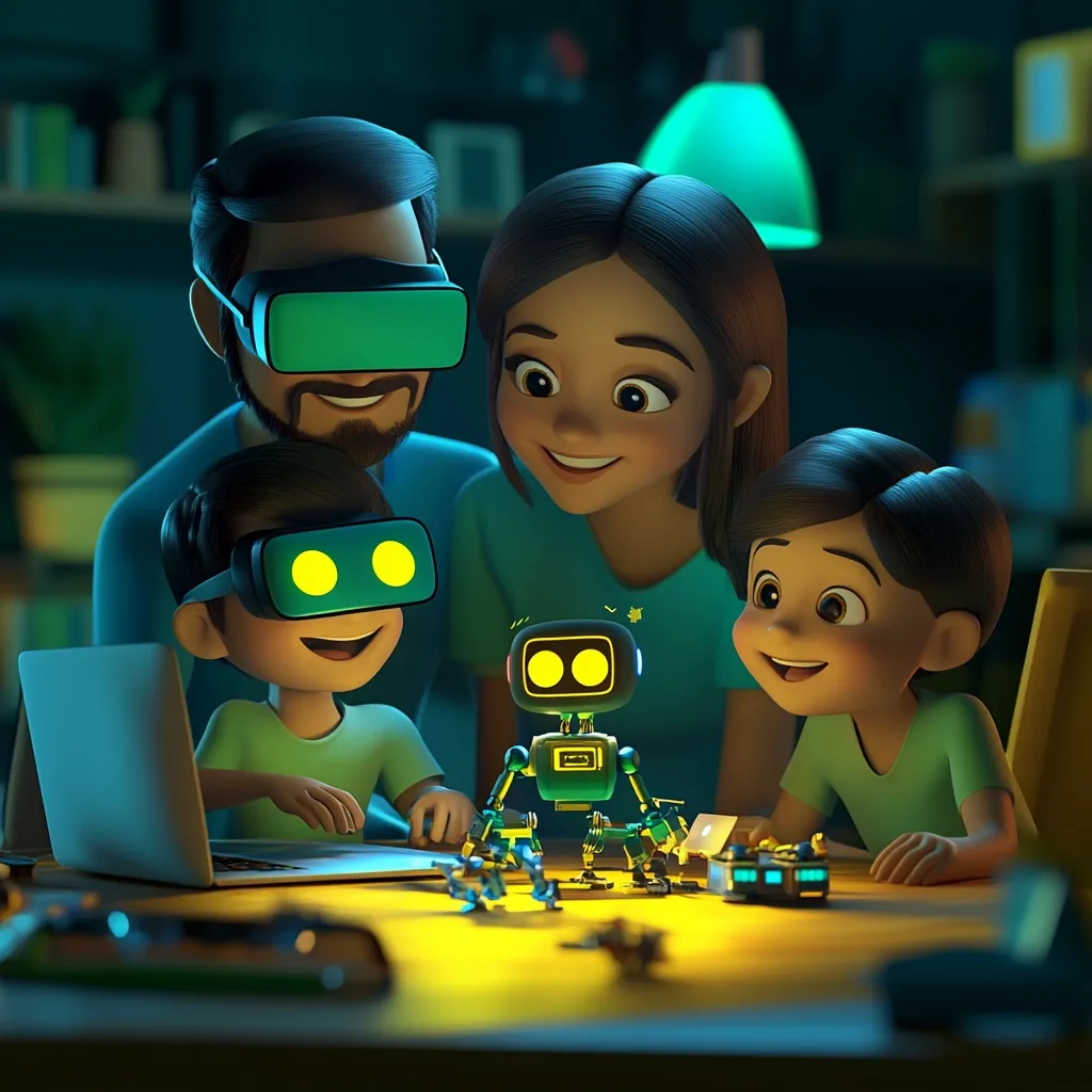 A family of four, with parents wearing VR headsets, sits around a table illuminated by a small, friendly robot.  Two children, also wearing VR goggles, watch intently as the robot interacts with components.  A laptop sits on the table, suggesting a technological family activity in a warmly lit room. The scene is rendered in a stylized, 3D animated style.