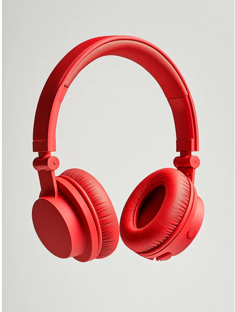 A pair of vibrant red over-ear headphones is showcased against a stark white backdrop.  The headphones feature a padded headband and earcups, suggesting comfort.  Their solid red color and sleek design indicate a modern aesthetic. The image emphasizes the headphones' bold color and clean lines.