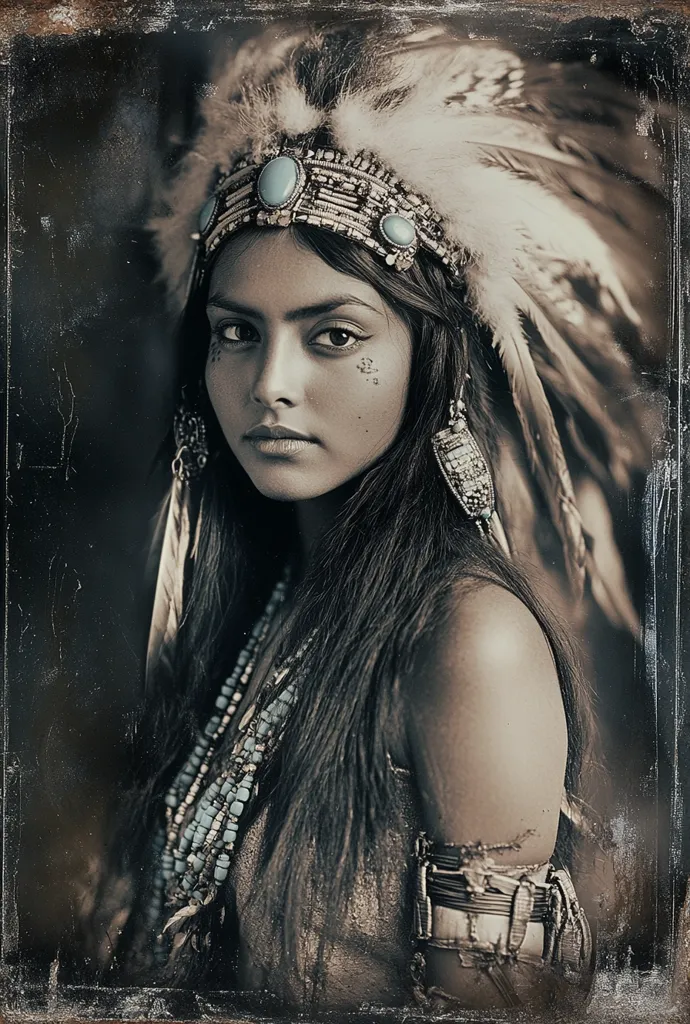 A sepia-toned portrait of a woman adorned in a headdress of feathers and turquoise jewelry.  Her long, dark hair cascades down her shoulders.  She wears intricate beaded necklaces and armbands, creating a striking image with a vintage feel. The background is dark and textured, enhancing the dramatic effect of the portrait.  The overall style evokes a sense of Native American culture.