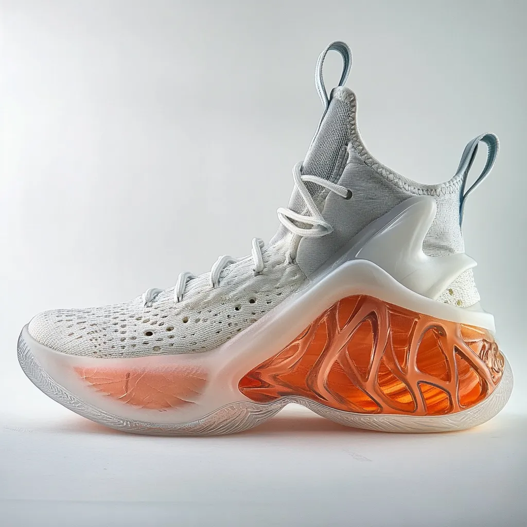 A single white and translucent orange basketball shoe is presented on a white background.  The shoe features a breathable knit upper, a high-top design with laces, and a striking translucent sole with an intricate orange inner structure. The design is modern and sleek, suggesting high performance and innovative technology.  The shoe is angled slightly to show its profile.