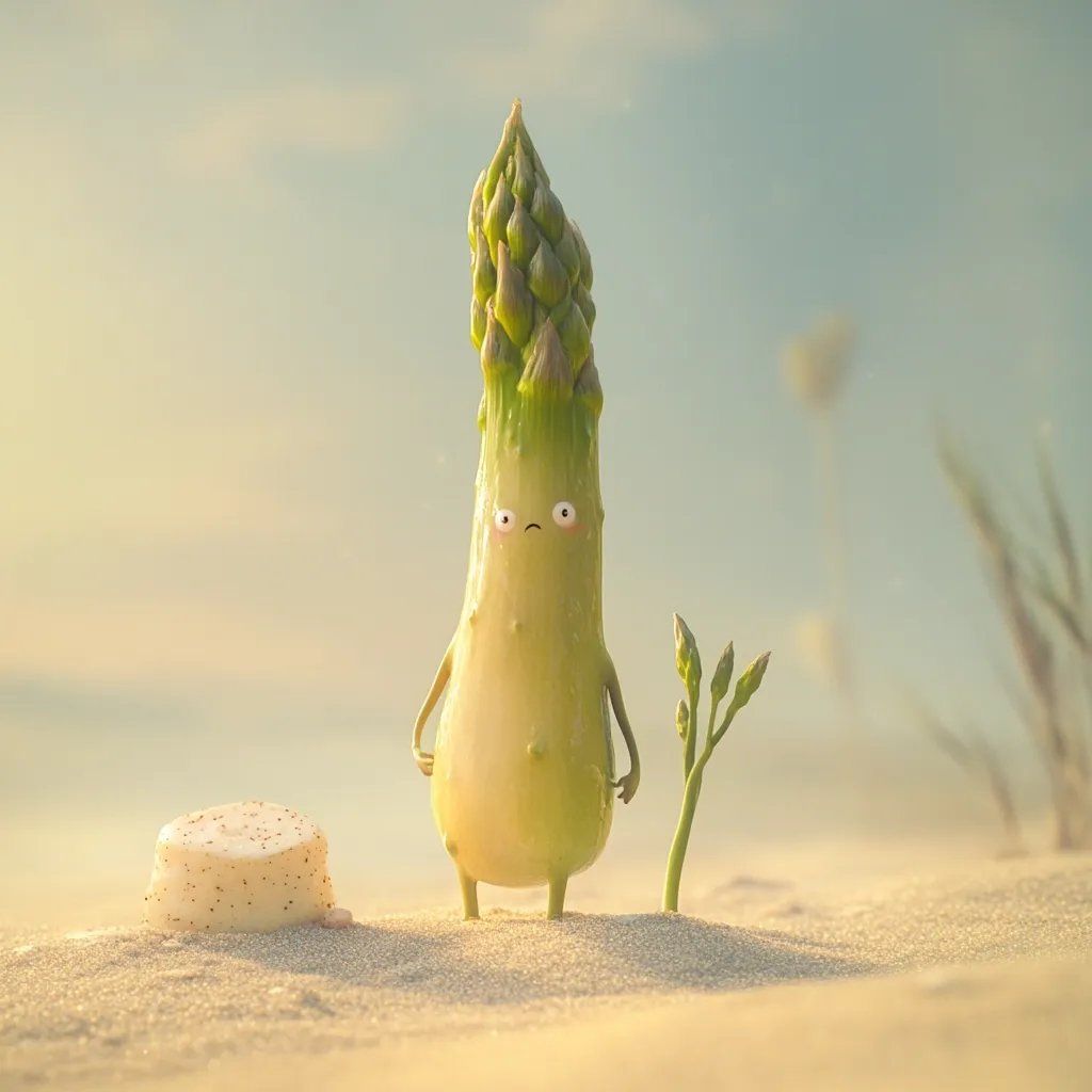 A cartoon asparagus stands on a sandy beach, looking forlorn.  It has small arms and legs, and a slightly sad expression.  A small, round mound of what appears to be butter or cheese sits nearby.  A tiny asparagus sprout grows beside the larger one. The scene is bathed in warm, golden light.