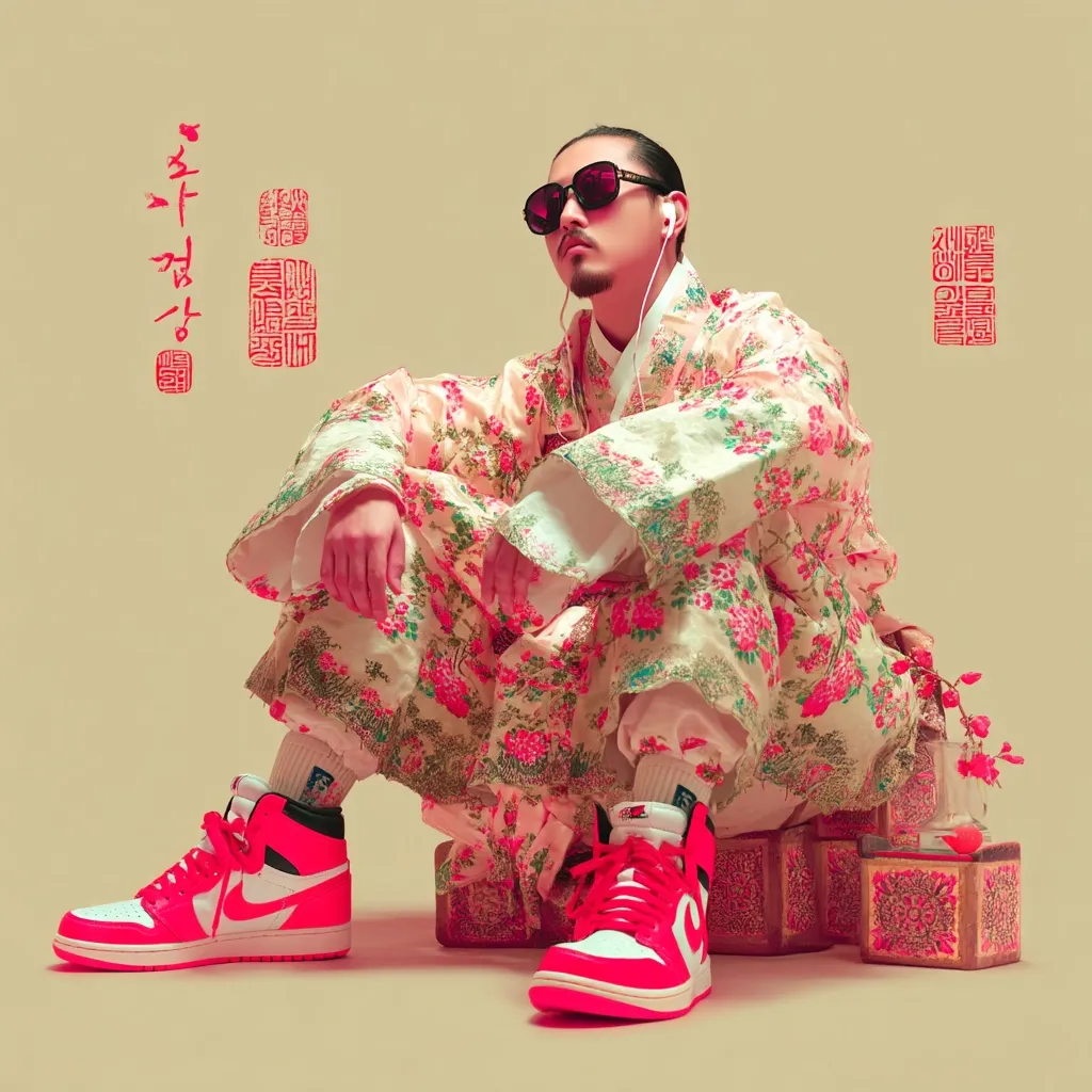 A man sits cross-legged, wearing a vibrant floral-patterned robe reminiscent of traditional East Asian clothing.  He sports sunglasses and bright red Air Jordan sneakers, creating a striking contrast.  Red Chinese characters are subtly present in the background. The overall aesthetic blends traditional Asian elements with contemporary streetwear fashion.  He appears calm and composed.