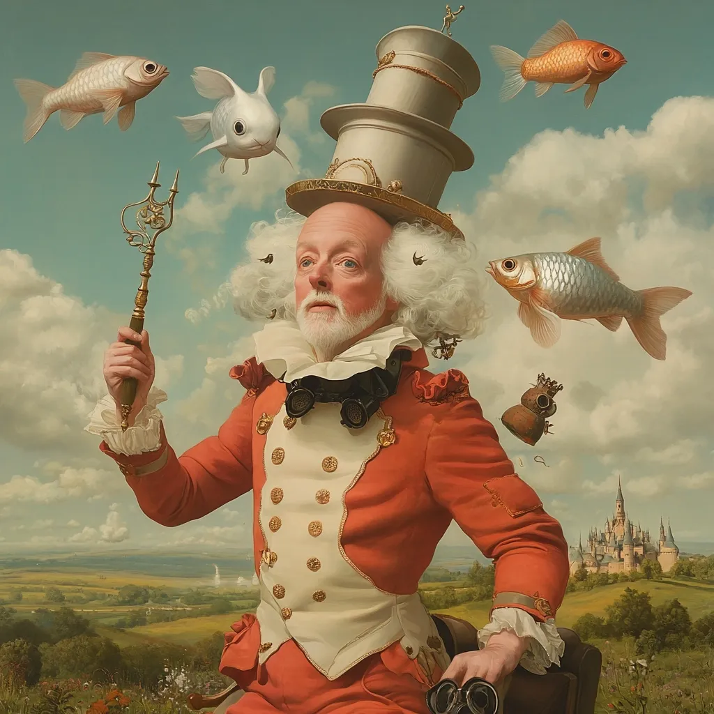 A whimsical portrait depicts an older man in a vibrant red coat and elaborate hat.  Surrounding him are floating goldfish and other curious objects. He holds a decorative key and wears goggles, suggesting a blend of fantasy and practicality. The background showcases a picturesque landscape with a distant castle, enhancing the dreamlike atmosphere of the painting.  The style is reminiscent of classical portraiture with surreal elements.