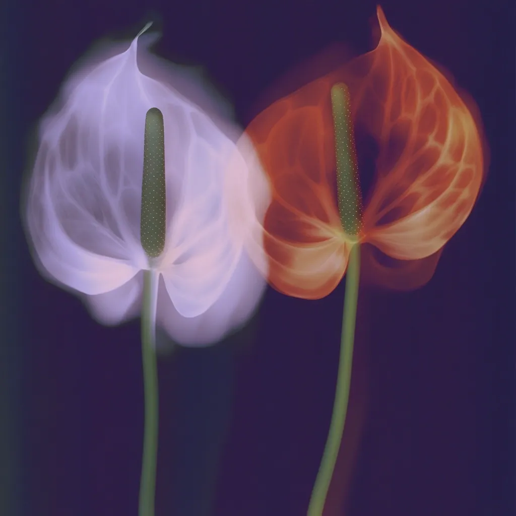Two Anthurium flowers are depicted, seemingly translucent, against a dark background. One flower is a soft, pale lavender, while the other is a warm, reddish-orange.  The image has a dreamlike, ethereal quality, with the flowers' details appearing slightly blurred or softened. The stems are slender and green, extending vertically. The overall effect is one of subtle beauty and gentle contrast.