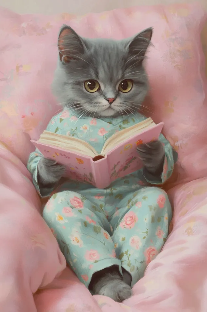 A gray cat, wearing light teal floral pajamas, sits nestled in a pink pillow, engrossed in reading a pink book.  Its large, expressive eyes and serious demeanor create a charming and whimsical scene. The soft lighting and pastel colors enhance the overall cozy and adorable atmosphere. The image evokes a sense of peace and tranquility.